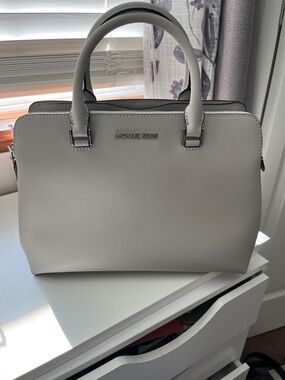 Michael Kors Cream Saffiano Leather Satchel with Silver Hardware